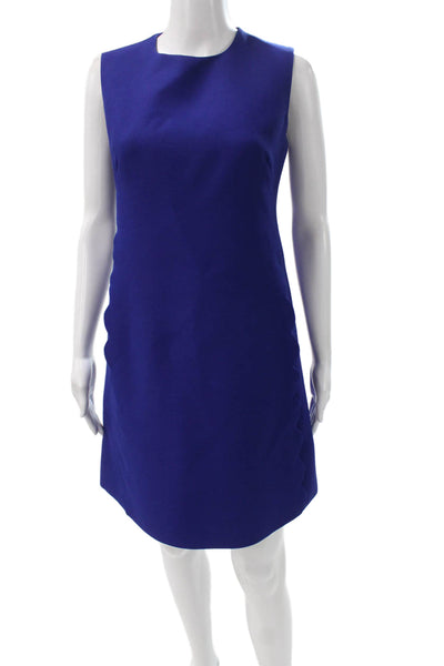 Valentino Women Shift Dress Blue Wool Sleeveless Mid-Calf Zip Round Neck Size 4