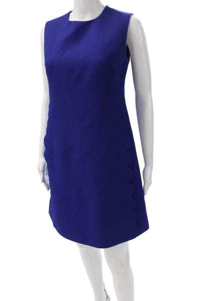 Valentino Women Shift Dress Blue Wool Sleeveless Mid-Calf Zip Round Neck Size 4