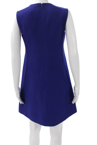 Valentino Women Shift Dress Blue Wool Sleeveless Mid-Calf Zip Round Neck Size 4