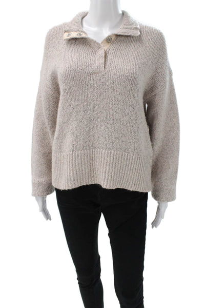 525 Women Pullover Sweater Beige Speckled Collared Long Sleeve Size S