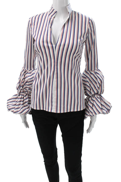 Caroline Constas Womens Striped Cotton Long Sleeve Blouse White Zip Size XS