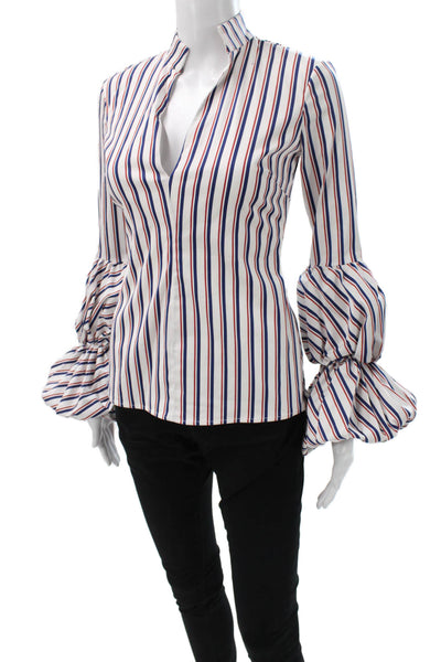Caroline Constas Womens Striped Cotton Long Sleeve Blouse White Zip Size XS