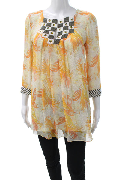 Calypso Saint Barth Womens Tunic Floral Yellow Square Neck 3/4 Sleeve Size XS