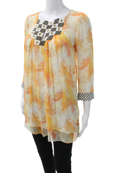 Calypso Saint Barth Womens Tunic Floral Yellow Square Neck 3/4 Sleeve Size XS