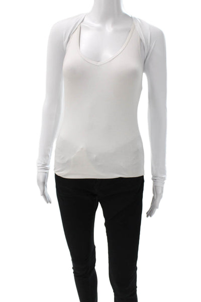 Athleta Women White V-Neck Long Sleeve Basic T-Shirt Nylon Pullover Size 2XS