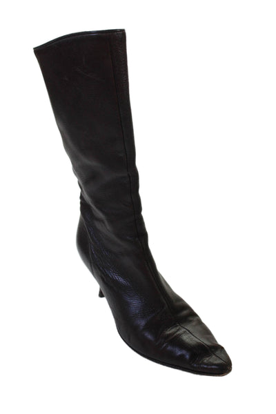 Manolo Blahnik Wmoens Leather Pointed Toe Midi Boots Shoes Brown Size 6.5