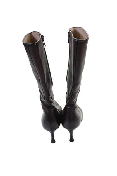 Manolo Blahnik Wmoens Leather Pointed Toe Midi Boots Shoes Brown Size 6.5
