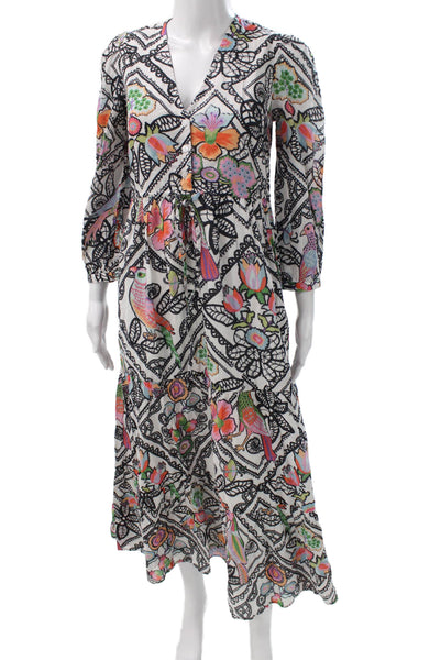 Banjanan Womens Maxi Floral Cotton V-Neck Long Sleeve Dress White Size XS