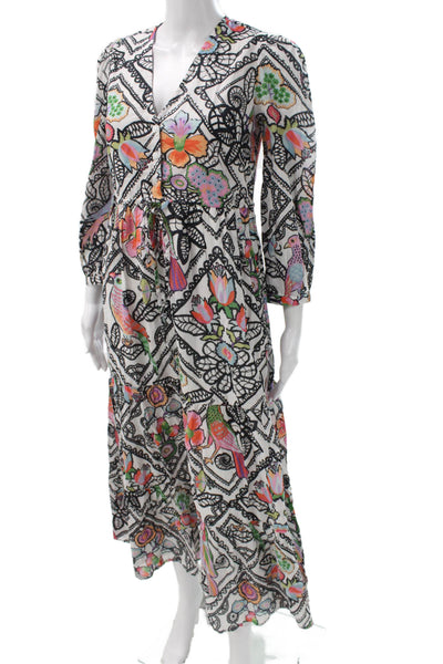 Banjanan Womens Maxi Floral Cotton V-Neck Long Sleeve Dress White Size XS
