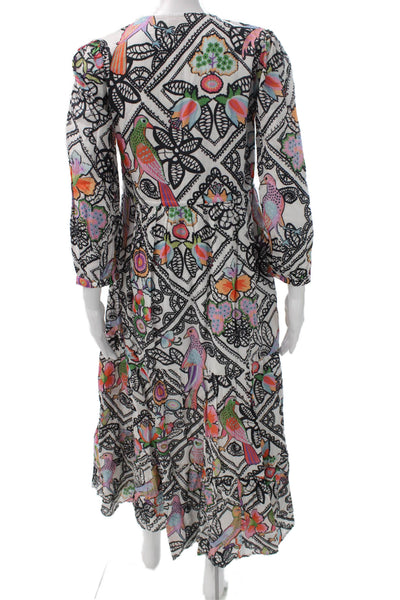 Banjanan Womens Maxi Floral Cotton V-Neck Long Sleeve Dress White Size XS