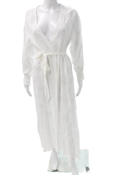 Elan Womens White Floral Wrap Dress V-Neck Long Sleeve Cotton Size S