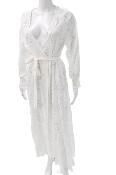 Elan Womens White Floral Wrap Dress V-Neck Long Sleeve Cotton Size S