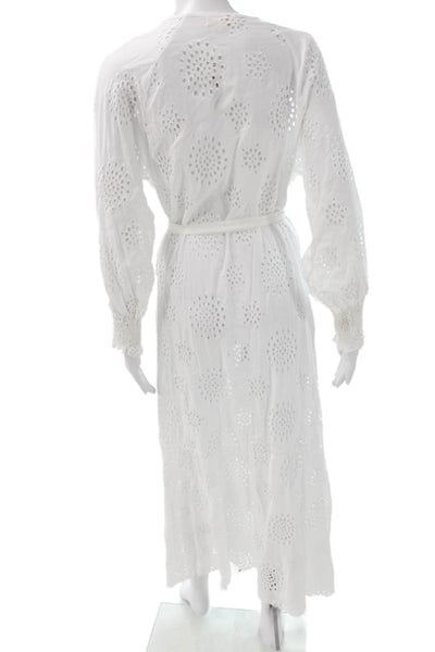 Elan Womens White Floral Wrap Dress V-Neck Long Sleeve Cotton Size S