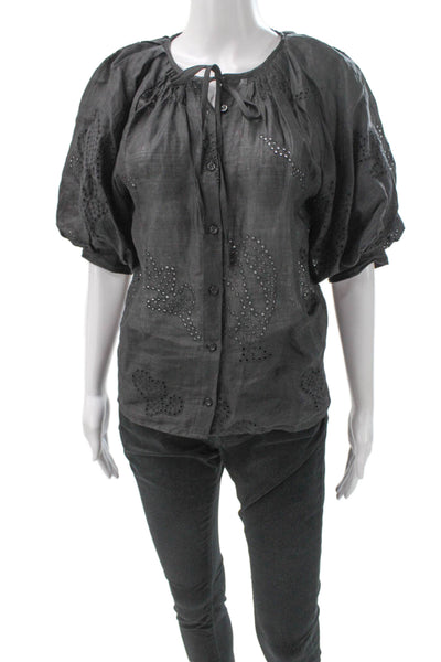 Frame Women Ramie Black Short Sleeve Blouse Button Round Neck Petite Size S