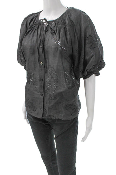 Frame Women Ramie Black Short Sleeve Blouse Button Round Neck Petite Size S