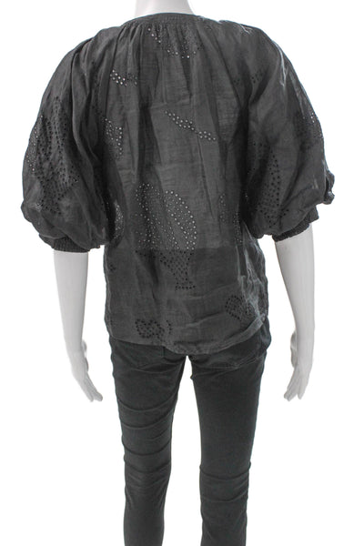 Frame Women Ramie Black Short Sleeve Blouse Button Round Neck Petite Size S