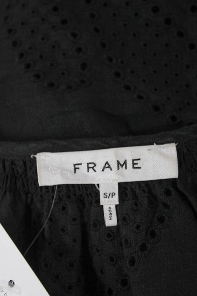 Frame Women Ramie Black Short Sleeve Blouse Button Round Neck Petite Size S