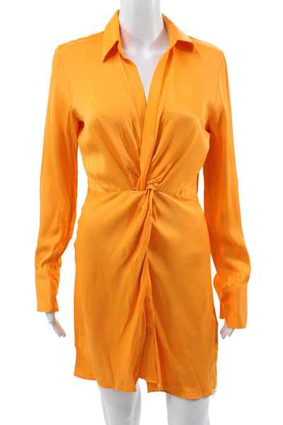 Zara Women Shirt Dress Orange Collared Long Sleeve Button Viscose Size XS