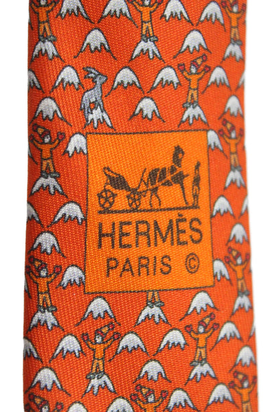 Hermes Mens Silk Ram Novelty Print Necktie Orange Multi Colored