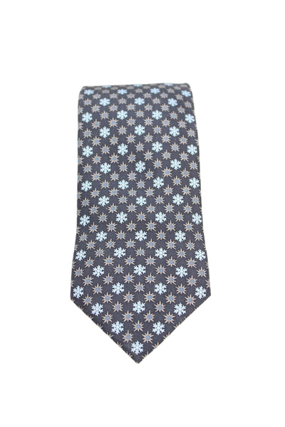 Hermes Mens Silk Snowflake Print Necktie Navy Blue Grey