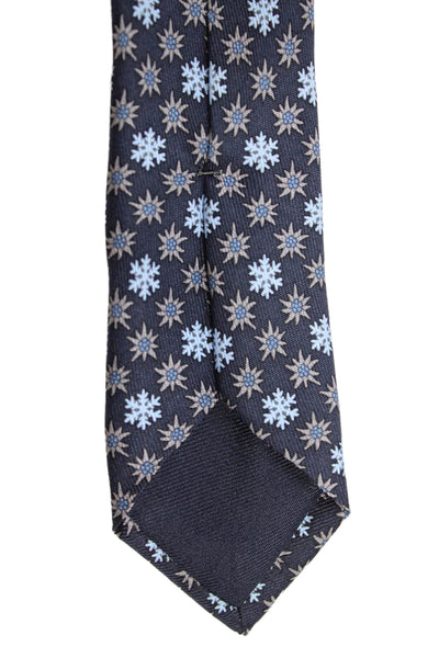 Hermes Mens Silk Snowflake Print Necktie Navy Blue Grey