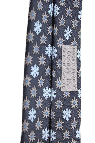 Hermes Mens Silk Snowflake Print Necktie Navy Blue Grey