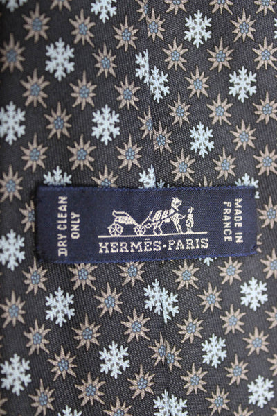Hermes Mens Silk Snowflake Print Necktie Navy Blue Grey