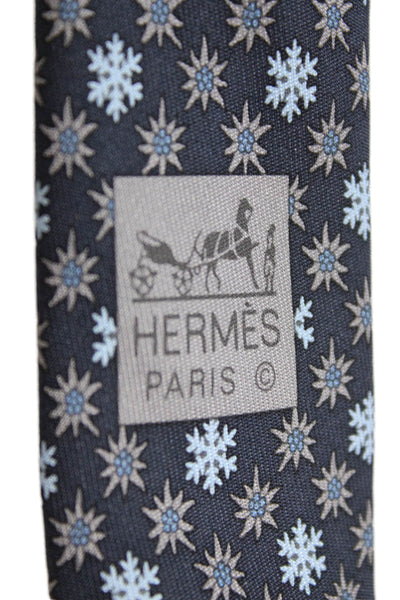 Hermes Mens Silk Snowflake Print Necktie Navy Blue Grey