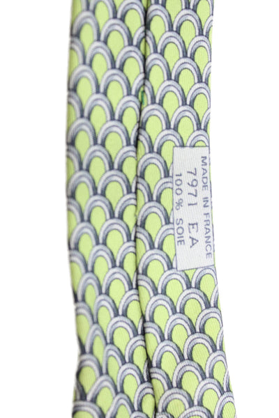 Hermes Mens Silk Printed Wide Necktie Lime Green Grey