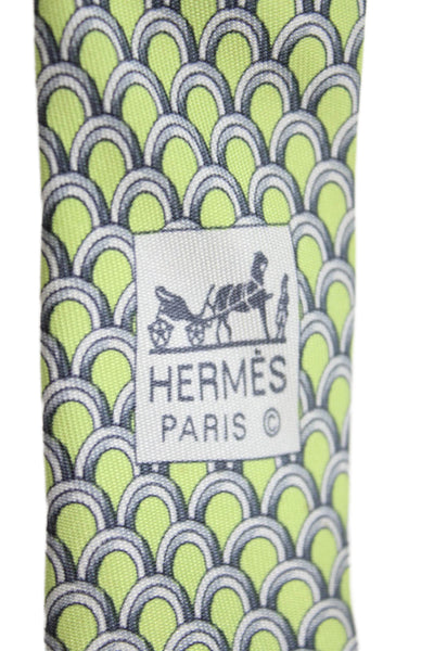 Hermes Mens Silk Printed Wide Necktie Lime Green Grey