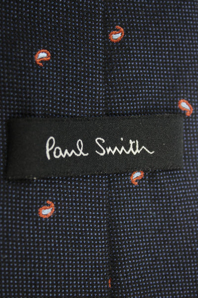 Paul Smith Mens Paisley Print Classic Necktie Navy Blue Orange Wool