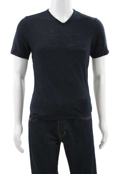 Vince Mens Linen V Neck Solid Blue T Shirt Short Sleeve Size S