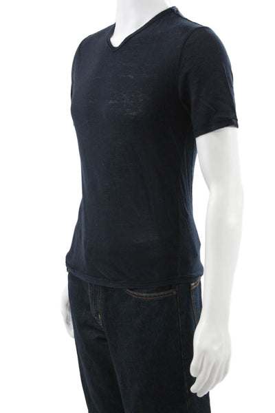 Vince Mens Linen V Neck Solid Blue T Shirt Short Sleeve Size S