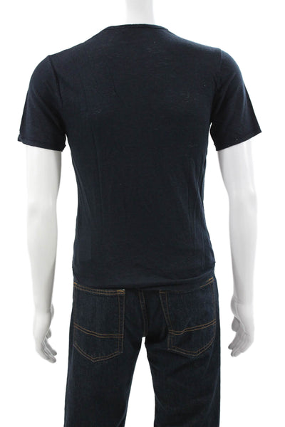 Vince Mens Linen V Neck Solid Blue T Shirt Short Sleeve Size S