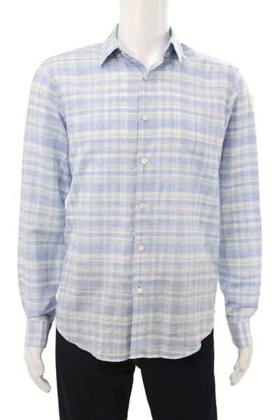 Theory Mens Linen Savanna Plaid Button Down Shirt Blue White Size Small