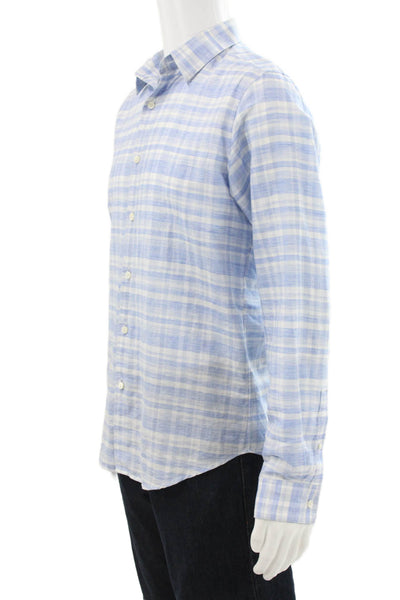 Theory Mens Linen Savanna Plaid Button Down Shirt Blue White Size Small