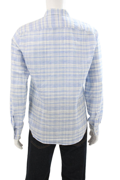 Theory Mens Linen Savanna Plaid Button Down Shirt Blue White Size Small