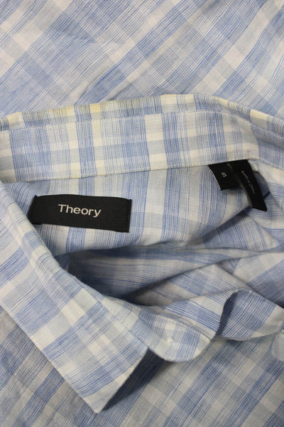 Theory Mens Linen Savanna Plaid Button Down Shirt Blue White Size Small