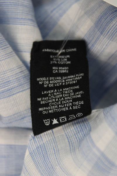Theory Mens Linen Savanna Plaid Button Down Shirt Blue White Size Small