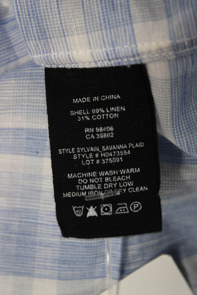 Theory Mens Linen Savanna Plaid Button Down Shirt Blue White Size Small