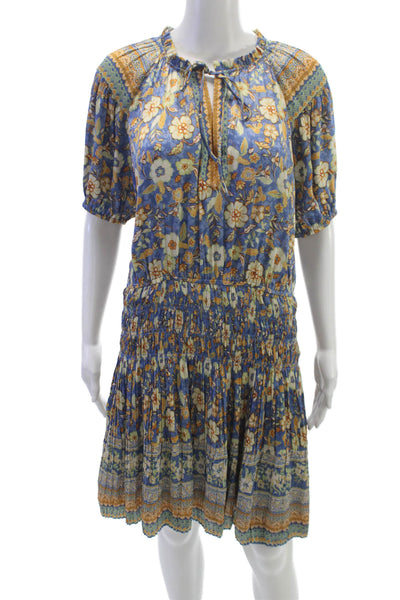 Current Air Womens Fit & Flare Dress Blue Floral Short Sleeve Size L