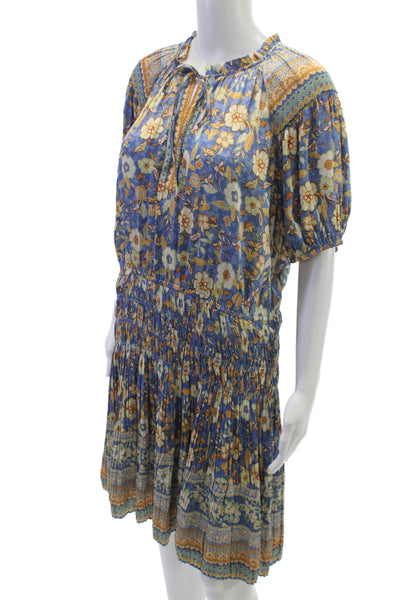 Current Air Womens Fit & Flare Dress Blue Floral Short Sleeve Size L