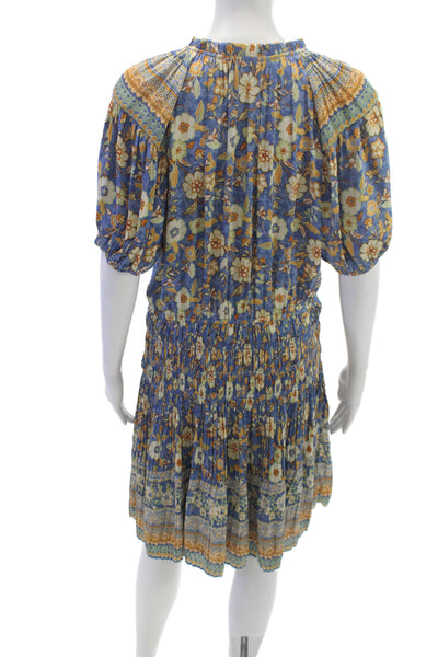 Current Air Womens Fit & Flare Dress Blue Floral Short Sleeve Size L