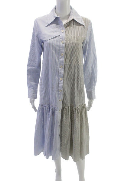 Tibi Women Shirt Dress Blue Striped Cotton Long Sleeve Collared Button Size 2