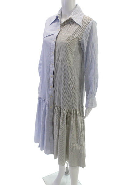 Tibi Women Shirt Dress Blue Striped Cotton Long Sleeve Collared Button Size 2