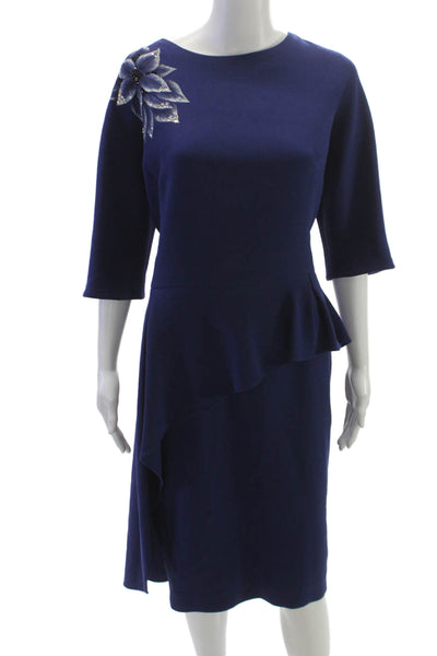 Rickie Freeman Teri Jon Women Sheath Dress Blue 3/4 Sleeve Boat Neck Size 18