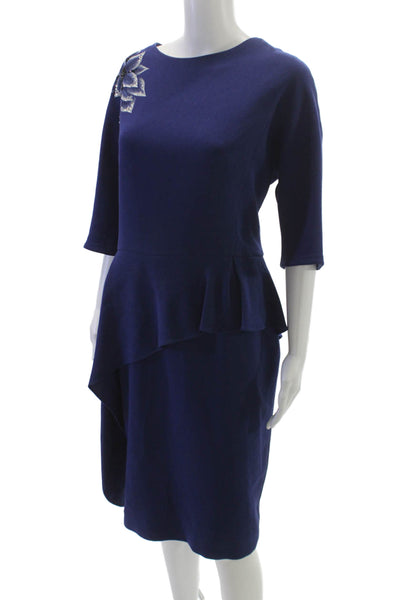 Rickie Freeman Teri Jon Women Sheath Dress Blue 3/4 Sleeve Boat Neck Size 18