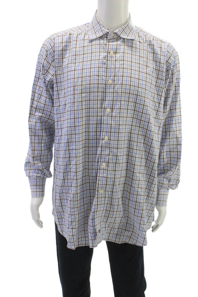 David Donahue Mens Plaid Button Down Shirt Blue Size 35