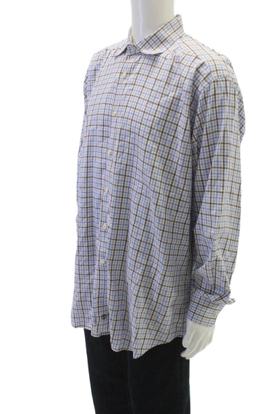 David Donahue Mens Plaid Button Down Shirt Blue Size 35