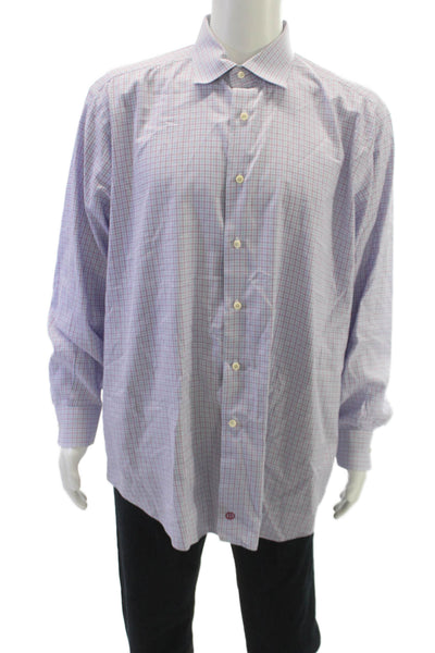 David Donahue Mens Mini Plaid Button Down Shirt Blue Size 35